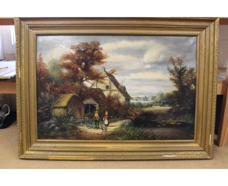 A large framed oil painting in gilt frame of a rural scene with shepherd, signed W K Cooper 77, 23" x 35"