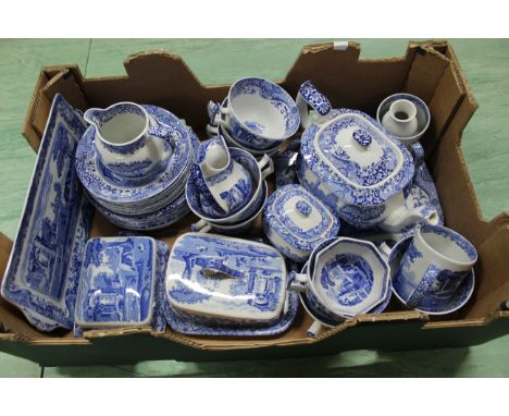 A thirty six piece Spode Italian blue and white tea/breakfast set (eight settings), a butter and cheese dish, sandwich plate,