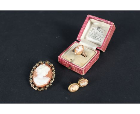 Cameo jewellery including a 9ct gold framed brooch, matching earrings plus a similar 9ct gold ring