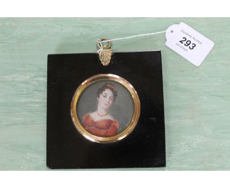 A late 18th/early 19th Century portrait miniature on ivory of a lady in ebony frame, frame size 4 3/4" x 4 3/4"