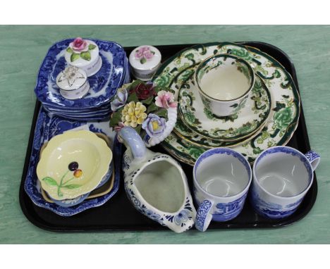 A selection of Masons Chartreuse pattern plates and cup plus Spode mugs, a Maling blue and white sandwich set, Carlton ware d