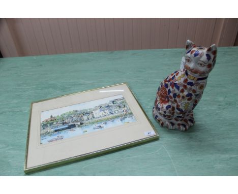 A Chinese porcelain cat in Imari colours, a watercolour of St Peter Port Guernsey, signed W H Grey 1983