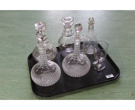 A pair of cut glass Victorian onion shaped decanters with faceted necks, two early Victorian rummers, a late 18th Century spi