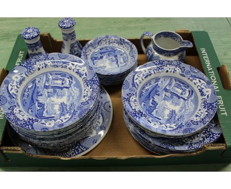 A thirty six piece Spode Italian blue and white dinner service (eight settings) plus a milk jug and a pair of large cruets
