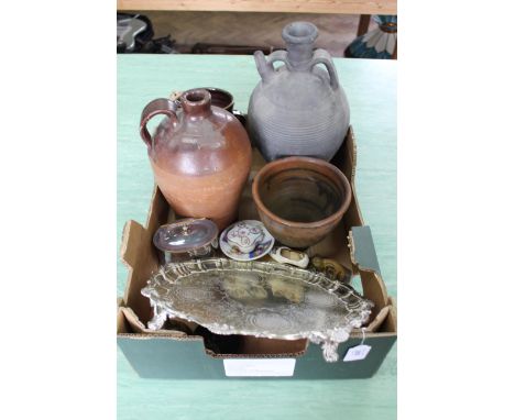 A box with black finish Greek style amphora, a stoneware flagon, Art pottery vessels, silver plated gallery tray and tea cadd