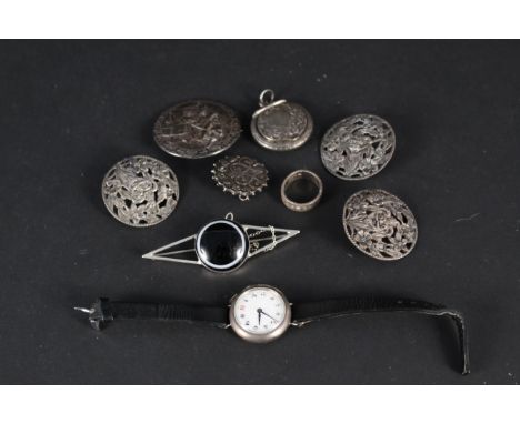 A mixed lot of silver including three matching buttons, ring, continental brooch and wristwatch (as found)