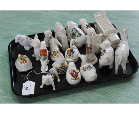 A tray of mixed maker crested ware including Carlton ware, Charabanc plus a selection of animals