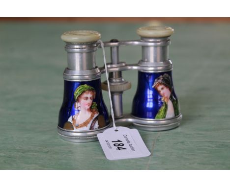 A pair of 19th Century opera glasses with white metal body and hand painted barrels with male and female figures and mother o