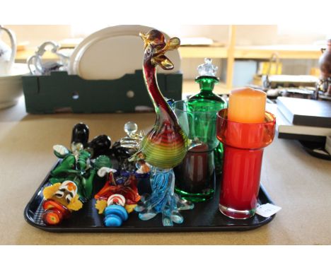 Two Murano glass clowns, a Mdina paperweight, drunken green glass decanter, two hyacinth vases etc