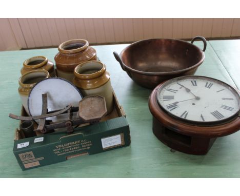 A Victorian mahogany cased wall clock with painted dial (electrified), kitchen scales with weights, a copper pan, four stonew