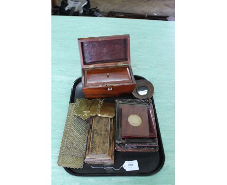A tray with various vintage photo frames, double brass example, mahogany tea caddy and pierced brass panels