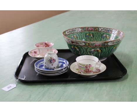 A 20th Century Chinese export bowl (as found), two lustre cups and saucers plus four Chinese blue and white saucers