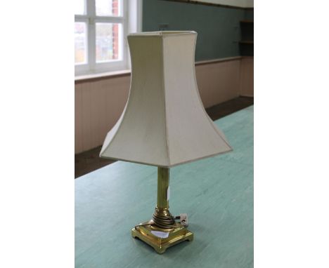 A brass column table lamp, 14" tall with shade (some wear to base)