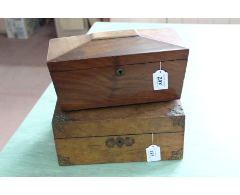 A Victorian mixed wood box with metal ornamentation to corners, contains a vintage chess set together with a mahogany tea cad