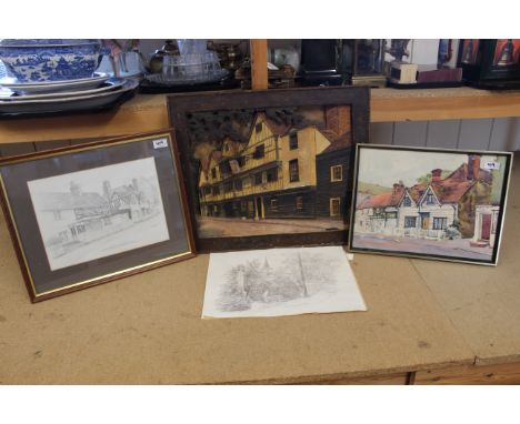 A 3D woodcut picture of a pub in Chigwell Essex, a framed pencil sketch of Chigwell signed Ray Figg '84, an unframed pencil o