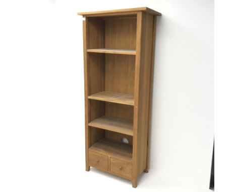 Light oak 6' open bookcase, three adjustable shelves above two drawers, stile supports, W77cm, H181cm, D40cm Condition Report