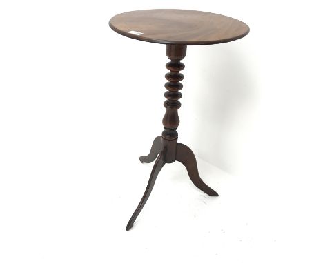 19th century tripod wine table, circular figured mahogany top on unusual fruitwood column, three splayed supports, D43cm, H72