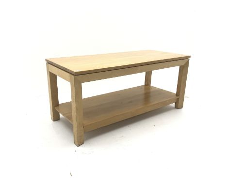 Light oak two tier coffee table, tapering supports, W110cm, H50cm, D51cm Condition Report Click here for further images, cond