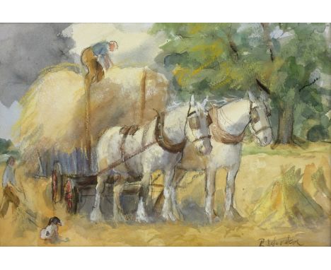 R Morden? (British 20th century): Haymaking, watercolour and charcoal indistinctly signed 23cm x 34cm Condition Report Click 
