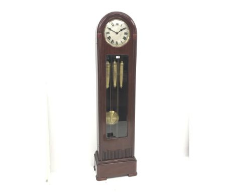 Early 20th century mahogany dome top longcase clock, circular silvered dial with Roman numerals, triple weight driven chiming