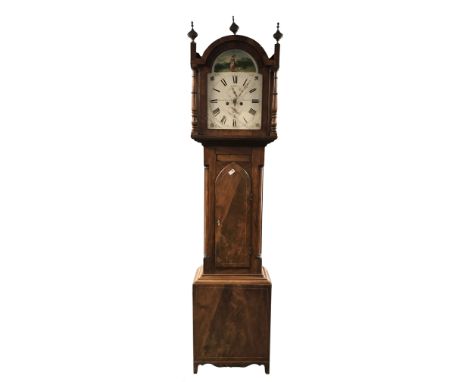 Early 19th century mahogany longcase clock, the stepped arched hood with two collar turned column supports, pointed arched tr