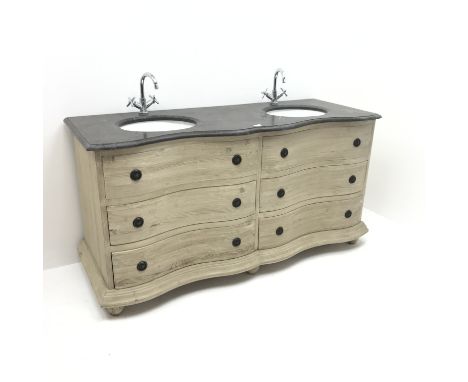 Serpentine front double vanity sink unit with moulded marble top, four drawers, bun feet, W170cm, H86cm, D65cm Condition Repo