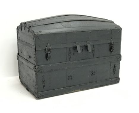 19th century wooden and metal bound dome top trunk, single hinged lid with clasps, W88cm, H69cm, D53cm Condition Report Click