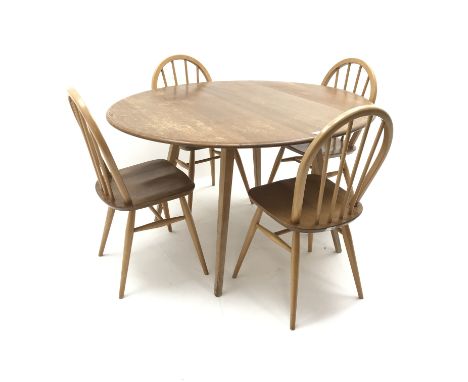 Set four Ercol hoop back dining chairs (W40cm) and Ercol elm drop leaf dining table, square tapering supports (W124cm) Condit