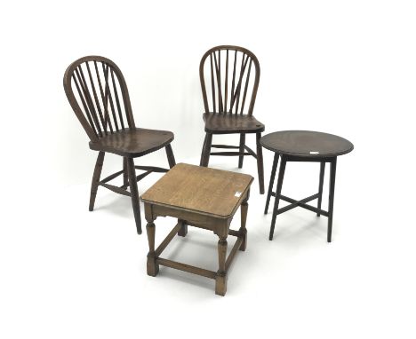Pair early 20th century ash and elm stick back chairs, turned supports (W37cm) and two small tables (4) Condition Report Clic