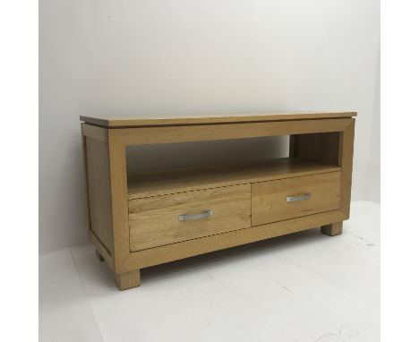 Light oak television stand, single shelf, two drawers, W110cm, H57cm, D41cm Condition Report Click here for further images, c