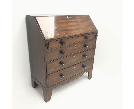 19th century inlaid mahogany bureau, fall front enclosing fitted interior, four graduating drawers, shaped bracket supports, 