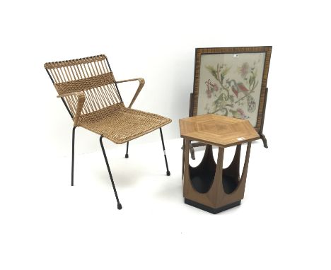 Mid 20th century metal and cane work armchair (W52cm) a mid 20th century teak hexagonal table and a cross banded fire screen 