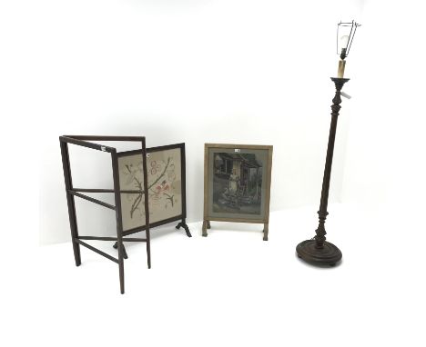 Early 20th century turned walnut standard lamp with shade (H147cm) two fire screens and a clothes horse (4) Condition Report 