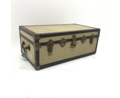 Vintage travelling trunk, hinged lid with clasp, two carrying handles, W91cm, H37cm, D51cm Condition Report Click here for fu