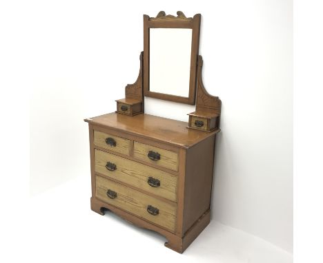 Victorian stained pine dressing chest, raised mirror back, two trinket drawers above two short and two long drawers, shaped p