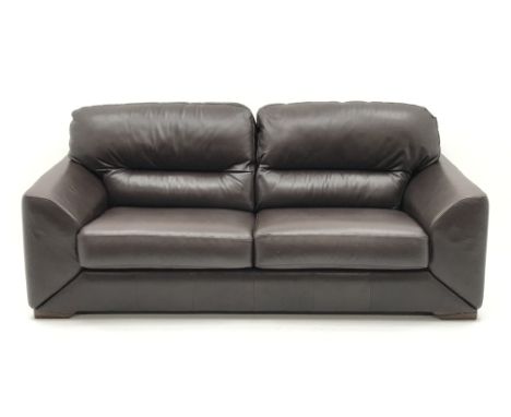 Three seat sofa (W203cm, D99cm) and pair matching armchairs (W111cm), with footstool (81cm x 81cm, H42cm), upholstered in bro