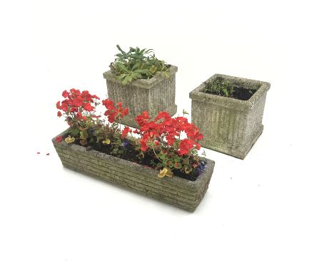 Pair square composite stone planters (W36cm, H36cm, D36cm) and a rectangular composite stone planter (W83cm, H19cm, D22cm) (3