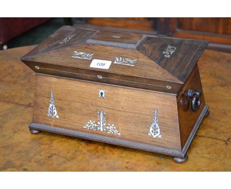 An early Victorian rosewood and mother of pearl marquetry sarcophagus tea caddy, hinged cover enclosing a bowl and a pair of 
