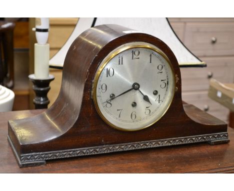 An early 20th century Westminster chime mantel clock, silvered dial, Arabic numerals, three winding holes, 42cm wide