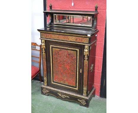 A 19th century French boulle, gilt metal mounted and ebonised side cabinet, shaped superstructure with bevelled mirror, overs