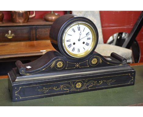 A large French slate mantel clock, white enamel dial painted with Roman numerals, twin winding holes, circa 1900.