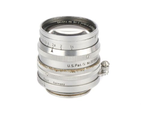 A Leitz Summarit f/1.5 50mm Lens, 1949, chrome, serial no. 740189, body, G, elements, F-VG, some internal marksNote: Engravin