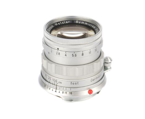 A Leitz Summicron f/2 50mm Lens, 1958, rigid, chrome, serial no. 1607192, body, VG-E, elements, VG, some light internal haze;