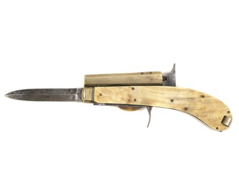 A Percussion Knife Pistol by James Rodgers, English, Sheffield c.1840, single percussion barrel with proof marks, horn scales