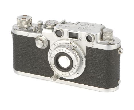 A Leica IIIf 'Attrappe' Rangefinder Camera, 1950-56, chrome, serial no. 10244A, with Leitz Elmar f/3.5 50mm lens, body, VG, l