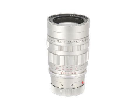 A Leitz Summicron f/2 90mm Lens, 1960, chrome, serial no. 1742521, body, VG, elements, VG, some light internal haze, with mak