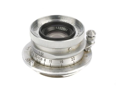 A Leitz Summaron f/3.5 35mm Lens, 1954, chrome, serial no. 1222941, body, VG, elements, G-VG, some internal hazeNotes: Scale 