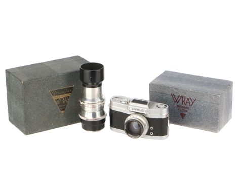 A Wray Wrayflex I Camera, 1950, chrome, serial no. 1596, with Wray Unilite f/2 50mm lens, chrome, serial no. 94547, body, VG,