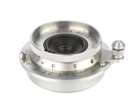 A Leitz Hektor f/6.3 28mm Lens, 1950, chrome, serial no. 790655, body, VG-E, elements, VG, some internal haze, with maker's c