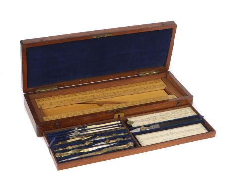 A Set of Drawing Instruments,  English, c.1830-40, drawing instruments in brass, ivory protractor signed Thomas Jones, two ru